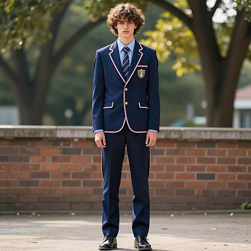 Young Man in Navy Blue Suit with Pink Trim Outdoors