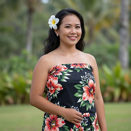 Traditional Hawaiian Woman in Floral Dress