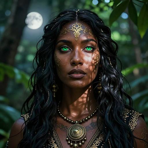Photograph of a dark-skinned woman with vibrant green eyes, long black wavy hair, wearing ornate gold jewelry, and intricate facial designs,