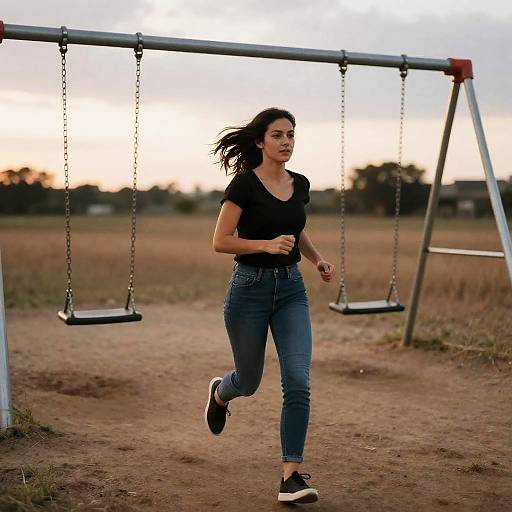 Woman Running in Playground at Sunset