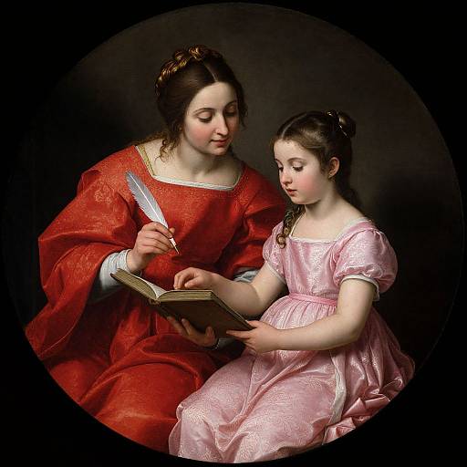 Baroque painting of a fair-skinned woman in red dress reading to a fair-skinned girl in pink dress, holding a knife, dark background.