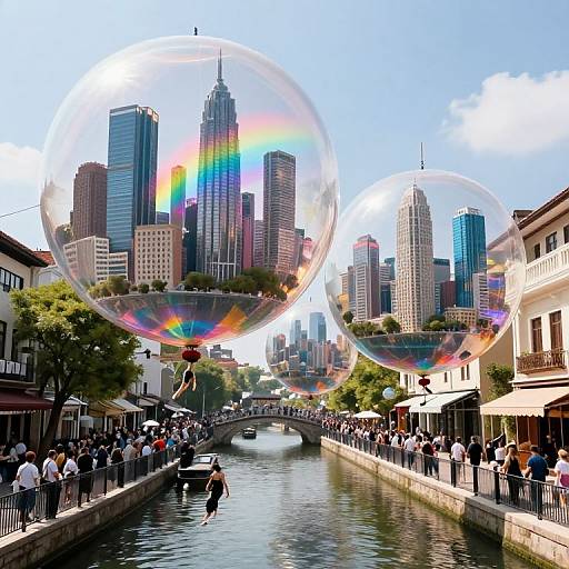 Photograph of a sunny cityscape with two large, rainbow-refracted soap bubbles above a bustling canal, lined with people and buildings.