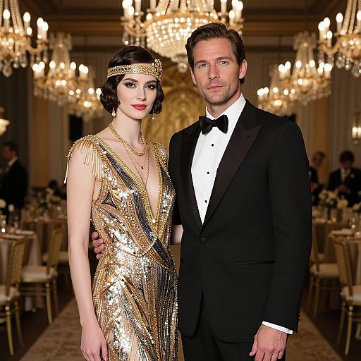Photograph of a glamorous couple at a formal event; woman in gold sequin dress and headpiece, man in black tuxedo, standing under