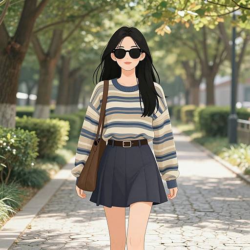 Anime-style digital drawing of a young woman with long black hair, wearing a striped sweater, dark skirt, and sunglasses, walking down a sunlit,