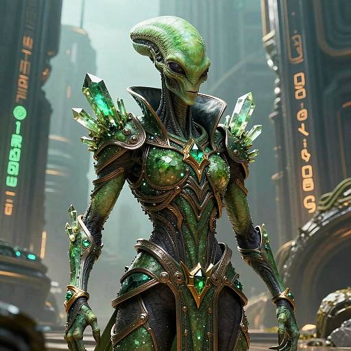 CGI image of a green-skinned, alien warrior with glowing crystal armor, standing in a futuristic, neon-lit cityscape. Tall buildings with