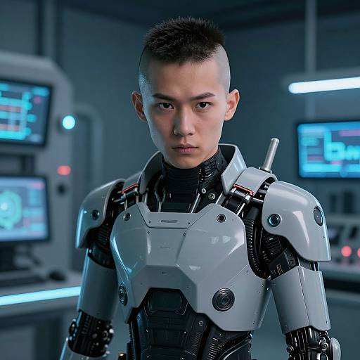 Photorealistic CGI of a serious young Asian man in a futuristic white robotic suit, standing in a high-tech control room with glowing screens in the background
