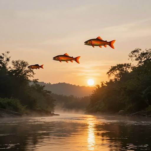 Photograph of three orange-scaled fish silhouetted against a golden sunset, flying over a calm, misty river surrounded by dense, dark