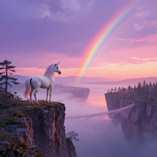Digital painting of a white unicorn on a cliff, overlooking a misty valley with a rainbow, bridge, and pink-purple sky.