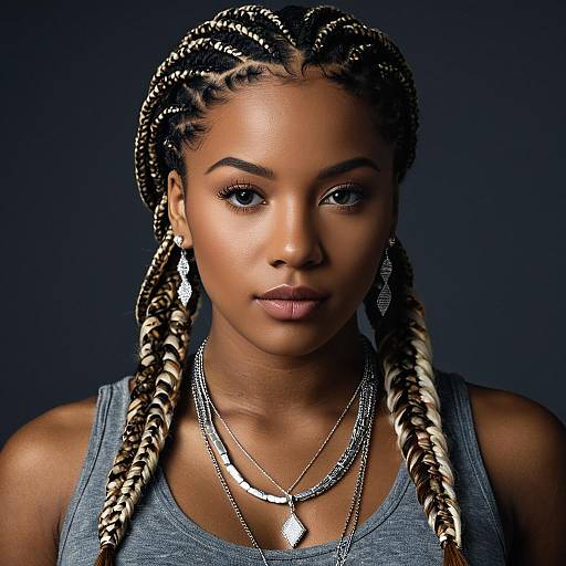 Portrait of Young Woman with Box Braids and Silver Jewelry