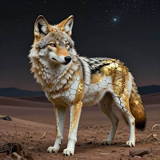 Photorealistic digital artwork of a crackled, glowing coyote standing in a desert under a starry night sky, with detailed fur texture and vibrant