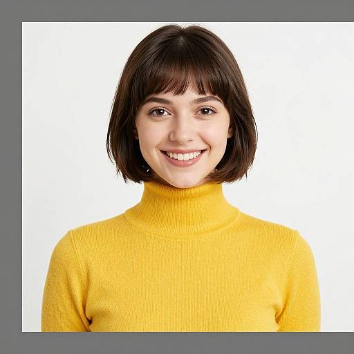Photograph of a smiling young woman with short dark brown hair, wearing a bright yellow turtleneck sweater, against a white background.