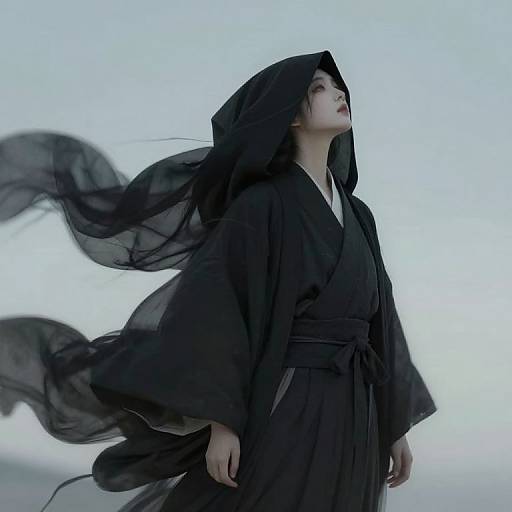 Photograph of an Asian woman in a flowing black hooded robe, her long hair and robe billowing in the wind against a pale blue sky.