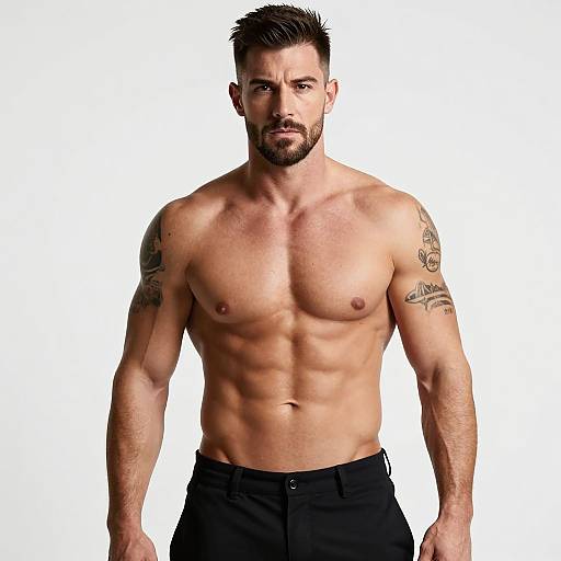 Photograph of a muscular, shirtless man with short dark hair, beard, tattoos on both arms, and black pants, standing against a white background