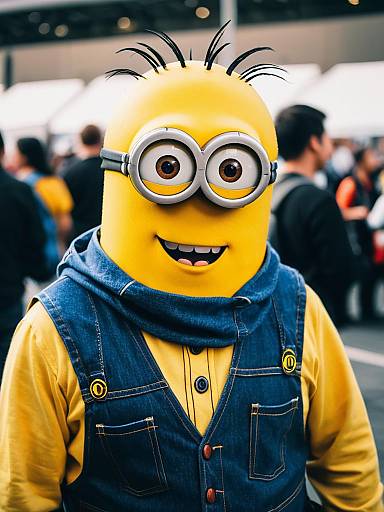 Photograph of a person in a Minion costume with yellow skin, round glasses, blue denim vest, and yellow shirt, standing in a blurred,