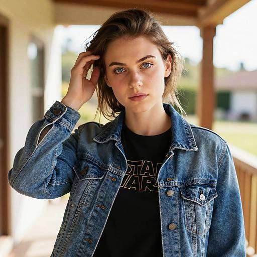 Photograph of a young woman with fair skin, blue eyes, and brown hair, wearing a denim jacket over a black 