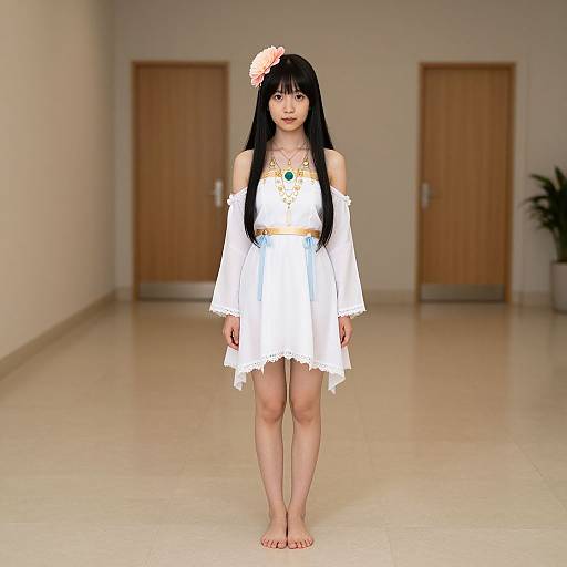 Digital CGI image of an Asian woman with long black hair, wearing a white off-shoulder dress, flower headpiece, and barefoot, standing