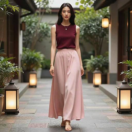 Woman in Casual Chic Outfit in Courtyard