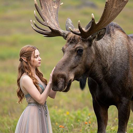 Photograph of a young woman with long brown hair and elf-like ears, wearing a white, sleeveless, beaded dress, gently touching the head