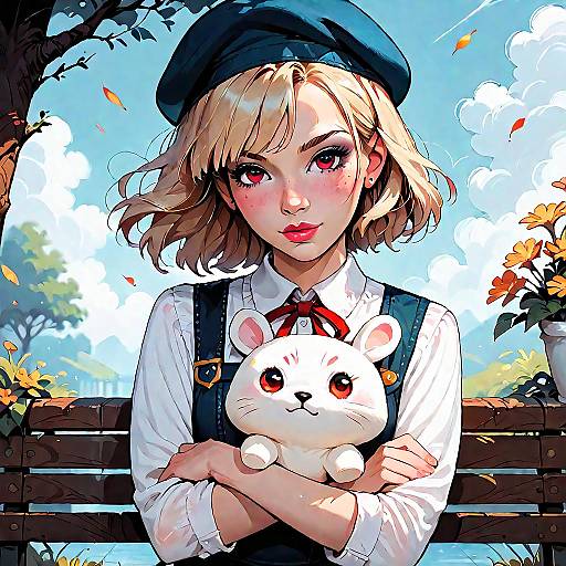 Anime-style drawing of a blonde girl with red eyes, wearing a blue beret and white shirt, hugging a white bunny with a red bow on