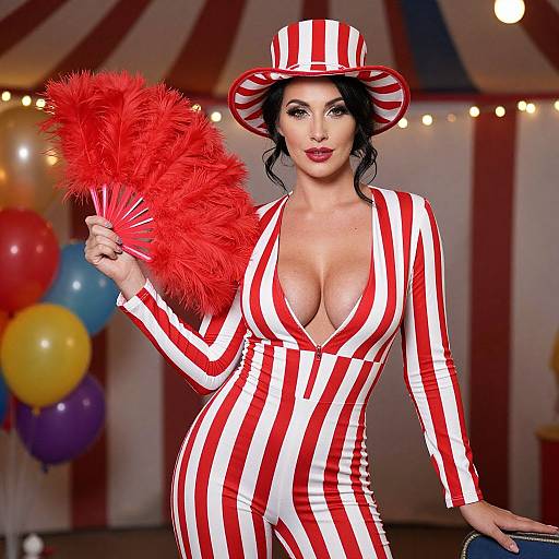 Photograph of a curvy woman with large breasts in a red-and-white striped circus outfit, holding a red feather fan, under a circus tent with