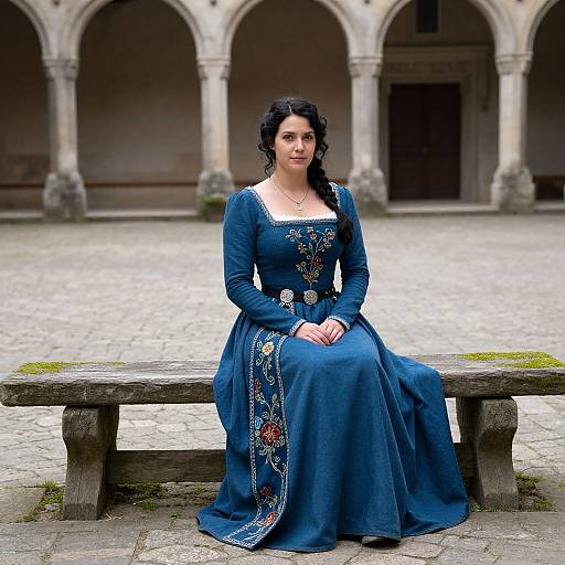 Photograph of a fair-skinned woman with dark curly hair, wearing a blue medieval-style dress with embroidered floral patterns, sitting on a wooden bench in
