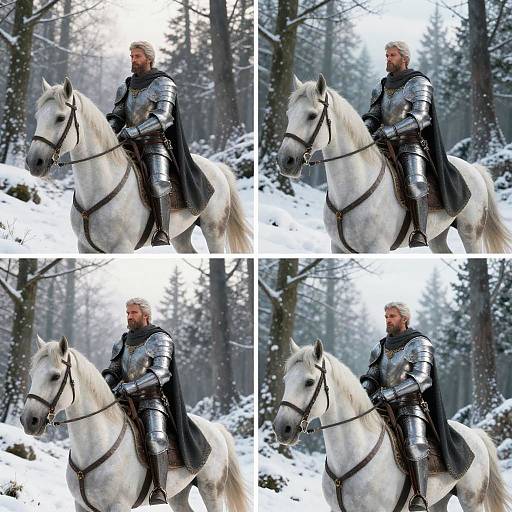 Photograph collage: Bearded man in silver armor and black cape rides white horse through snowy, forested landscape, four identical frames.