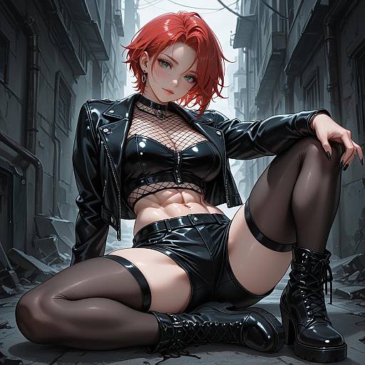 Red-Haired Muscular Woman in Black Leather Outfit