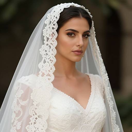 Photograph of a beautiful Indian bride with dark hair, wearing a white lace veil and dress, standing outdoors with a neutral background.