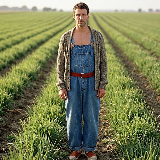 Photograph of a young man with short dark hair, wearing blue denim overalls, a brown cardigan, red belt, and brown sandals, standing