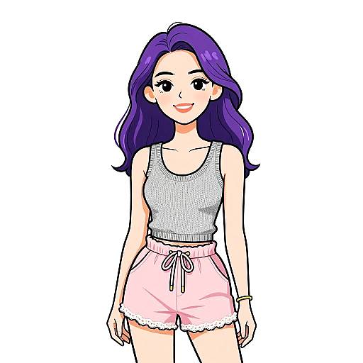 Digital anime-style drawing of a smiling young woman with long purple hair, wearing a gray tank top and pink shorts, standing against a plain white background.