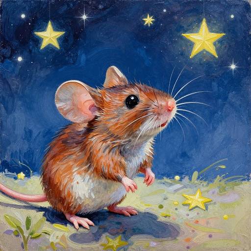 Vibrant digital painting of a curious brown mouse with white chest, large ears, and pink nose, gazing at glowing yellow stars in a star