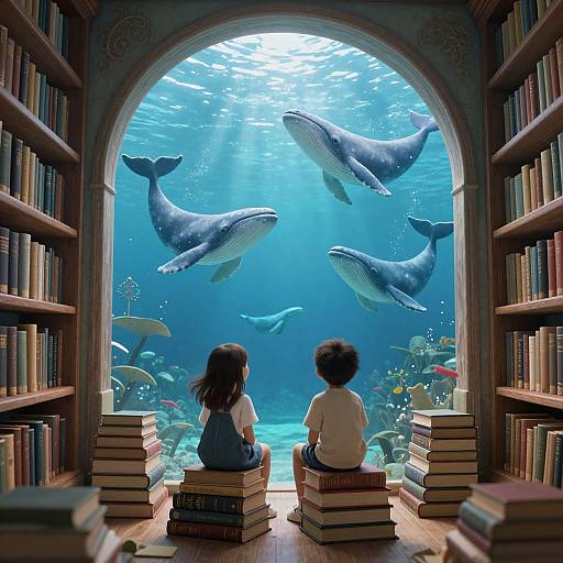 Whimsical Library with Magical Portal