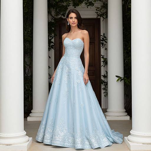 Photograph of a dark-haired woman in a strapless, light blue, lace-embellished ball gown standing between white columns with dark door background