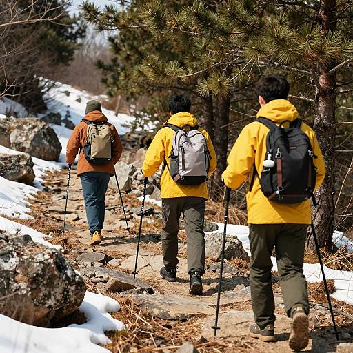 Three Friends Hiking Snowy Forest Trail