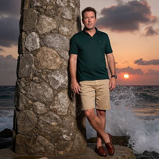 Photograph of a middle-aged man in a black polo, beige shorts, and brown shoes, leaning against a stone pillar at sunset by a crashing ocean
