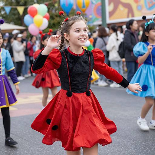 Photograph of a smiling young girl in a red dress with black accents and red hair bobbles, dancing in a festive outdoor event with colorful balloons