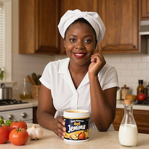 Photograph of a smiling Black woman in a white chef's hat and dress, holding a can of Carnation cream, in a wooden kitchen with tomatoes