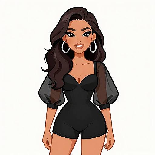 Digital cartoon of a smiling woman with long black hair, wearing a black, strapless, sheer-sleeve bodysuit and large hoop earrings.