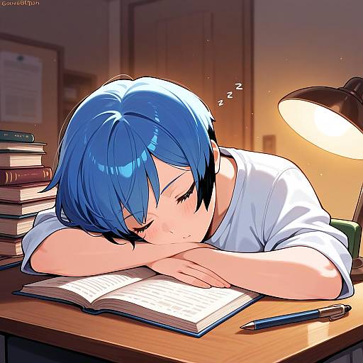 Sleeping Student at Messy Desk