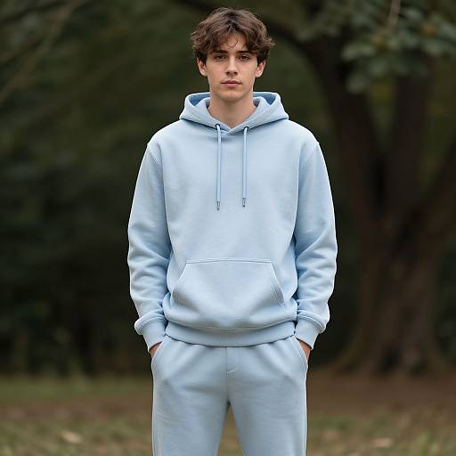 Photograph of a young man with curly brown hair, wearing a light blue hoodie and matching sweatpants, standing in a forested area with dark green