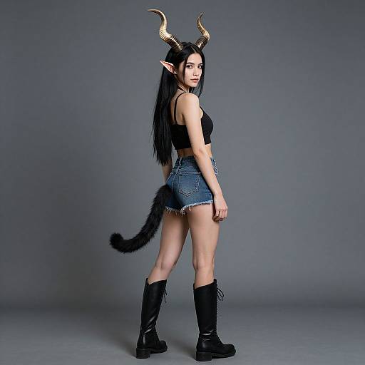 Photograph of a woman with long black hair, elf ears, black horns, black tail, wearing a black crop top, denim shorts, black boots
