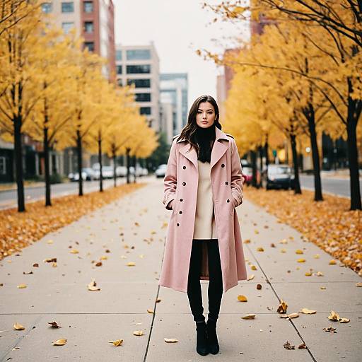 Young Woman in Pink Trench Coat on Urban Autumn Street