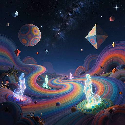 Digital artwork: Vibrant, swirling rainbow paths under a starry night sky with floating geometric shapes. Glowing blue ethereal figures stand on colorful,