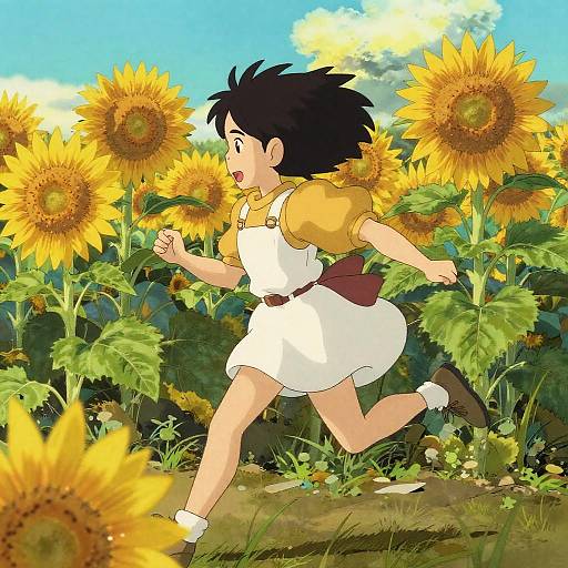 Anime Girl Running Through Sunflowers
