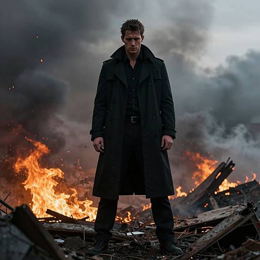 Photograph of a serious, disheveled man in a long black coat standing amid intense flames and thick smoke, with debris scattered around.