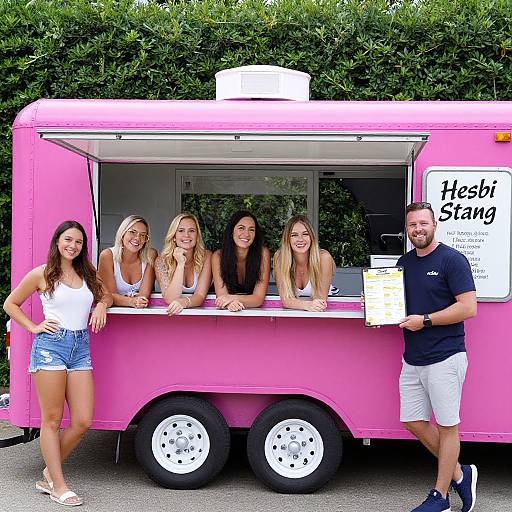 Vibrant Pink Food Trailer with Smiling Staff