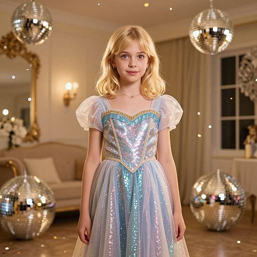 Photograph of a young blonde girl with shoulder-length hair, wearing a silver and blue sequined dress, standing in a glamorous room with mirrored balls and