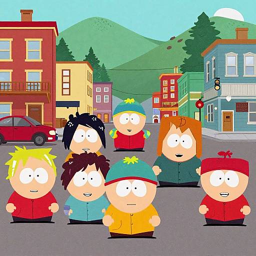 Cartoon-style image of six chibi-style children with round faces, standing in a colorful, mountainous town with red, yellow, and blue buildings