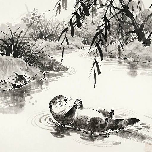 Dynamic Sumi-e Otter on River Bend