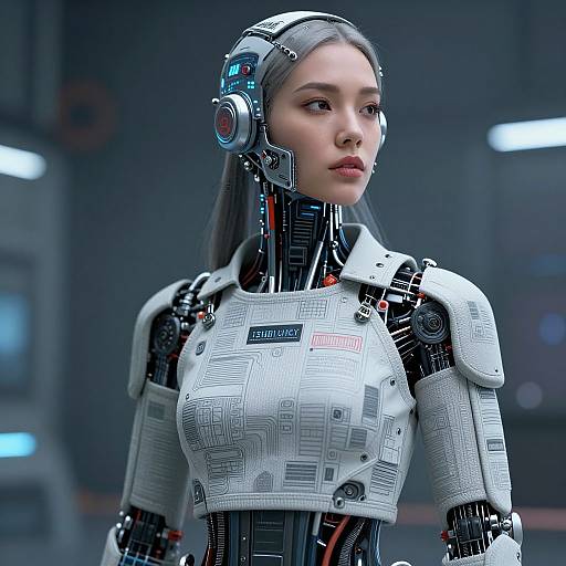 CGI image of a sleek, robotic woman with silver hair, futuristic white armor, and blue headphones, set in a dark, high-tech lab.